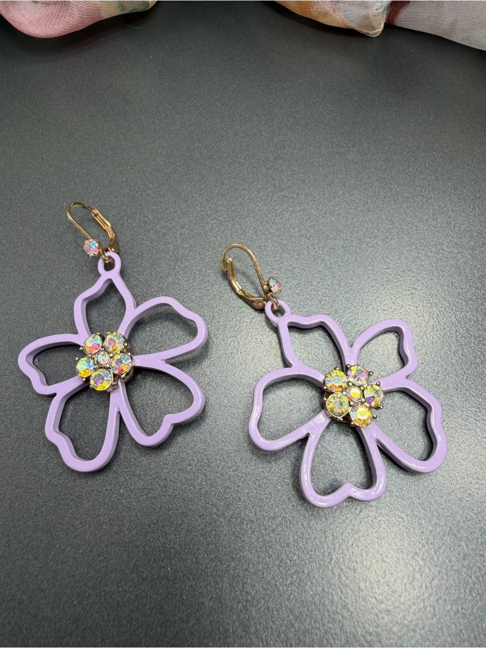 Betsey Johnson Lavender Flower Drop Earrings with Aurora Crystal